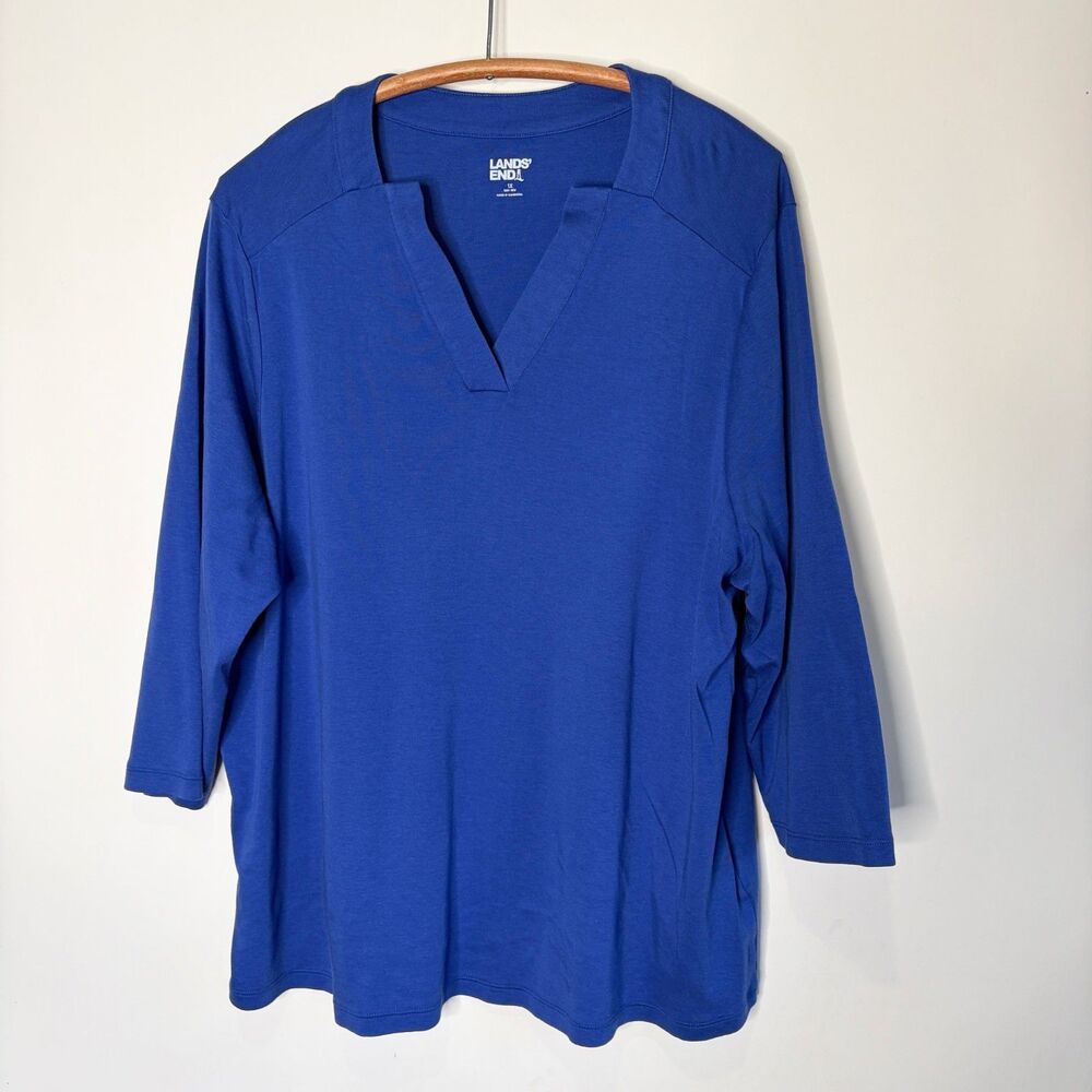 Lands End Top Tunic 3/4 Sleeve Square V-Neck Blue Knit Women Size 1X EUC